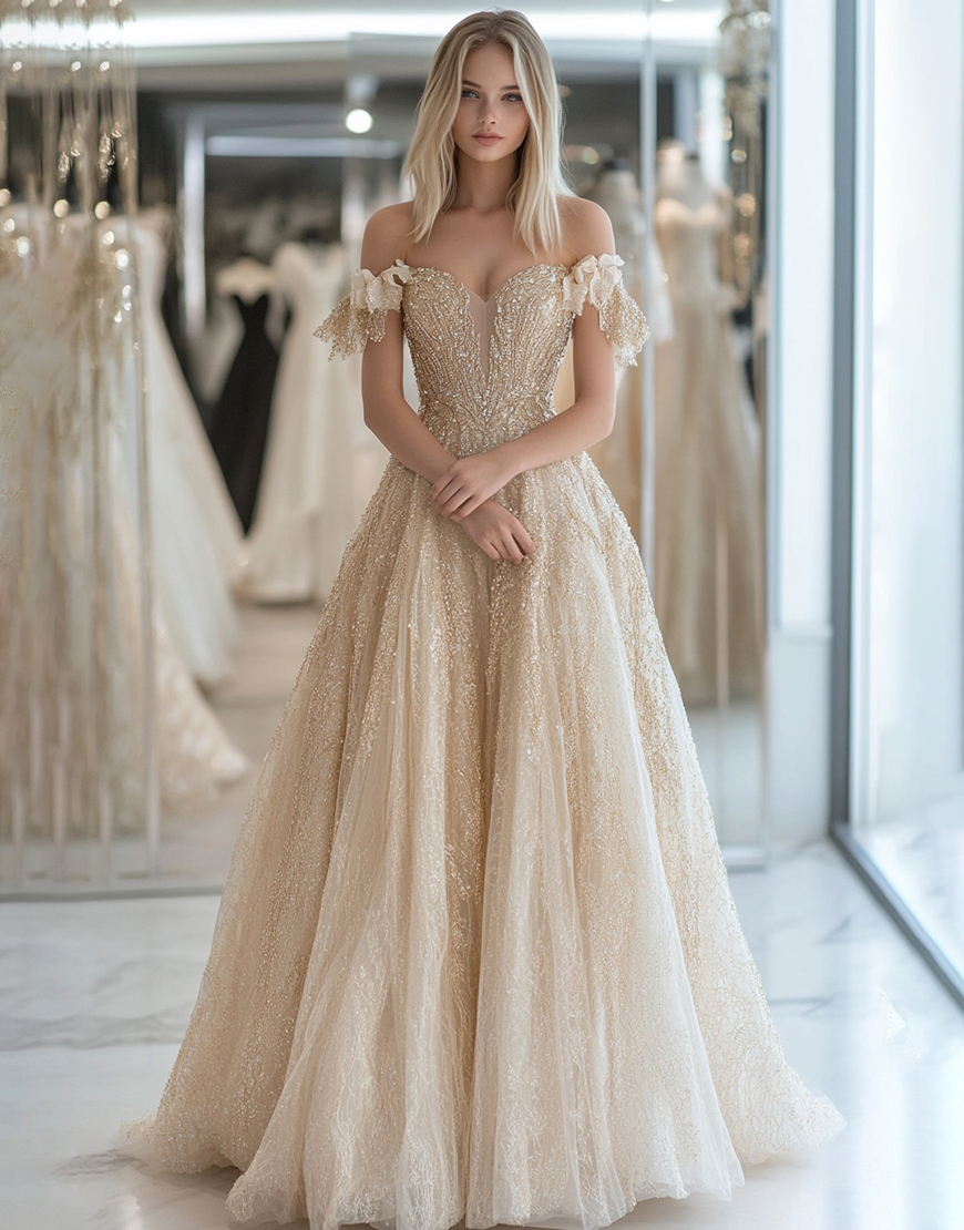 Graceful Champagne Off The Shoulder Long Prom Dress With Lace Appliques
