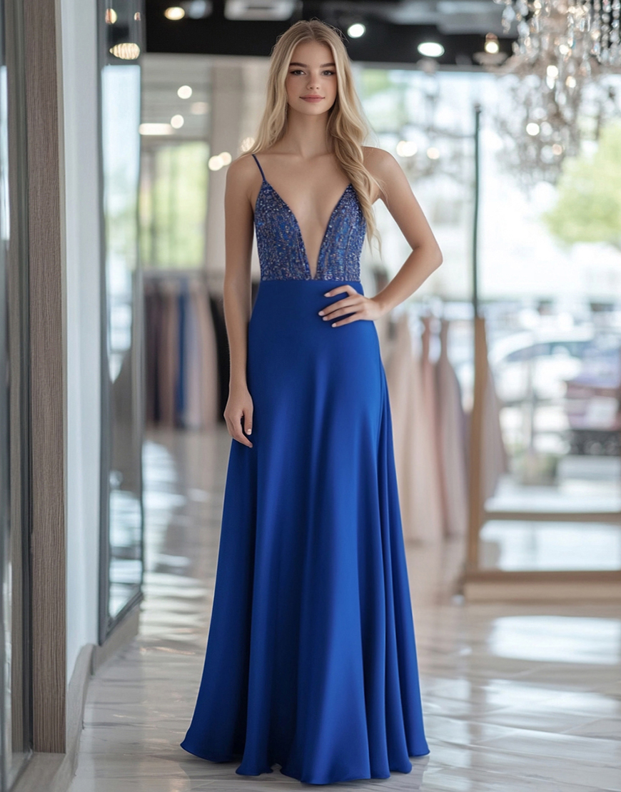 Graceful Royal Blue Straps Deep V Long Formal Dress With Appliques