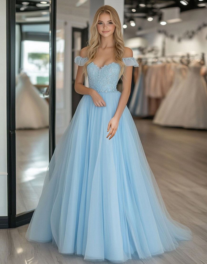 Graceful Sky Blue Off The Shoulder Tulle Long Formal Dress With Appliques