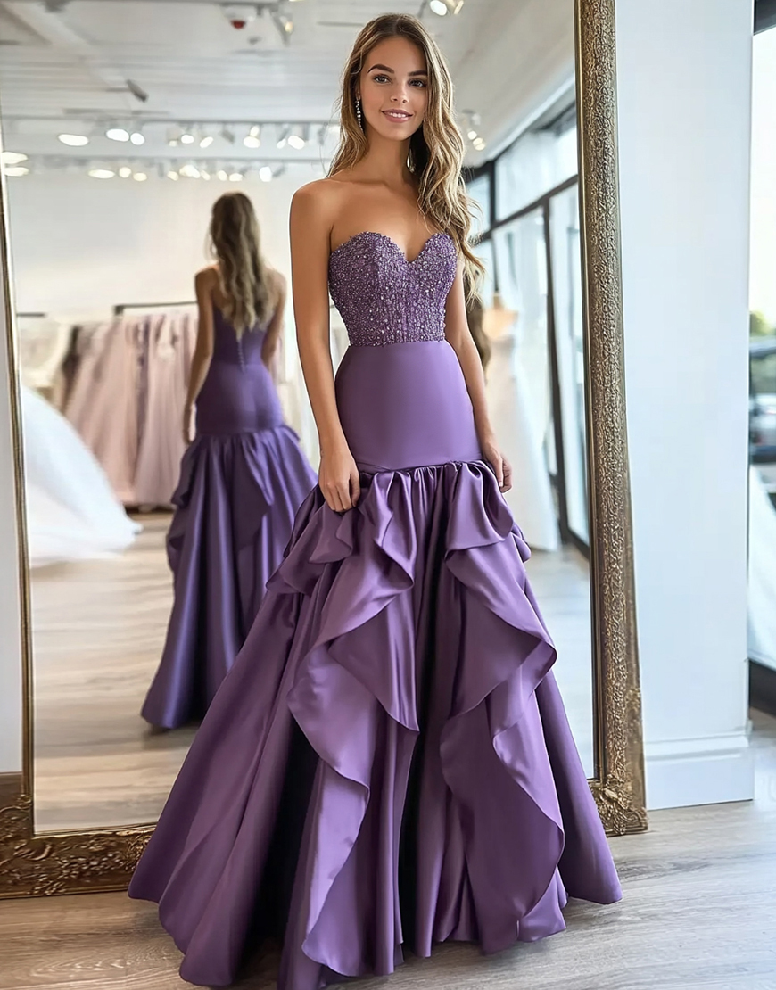 Elegant Plum  Sweetheart Satin Long Formal Dress With Ruffles