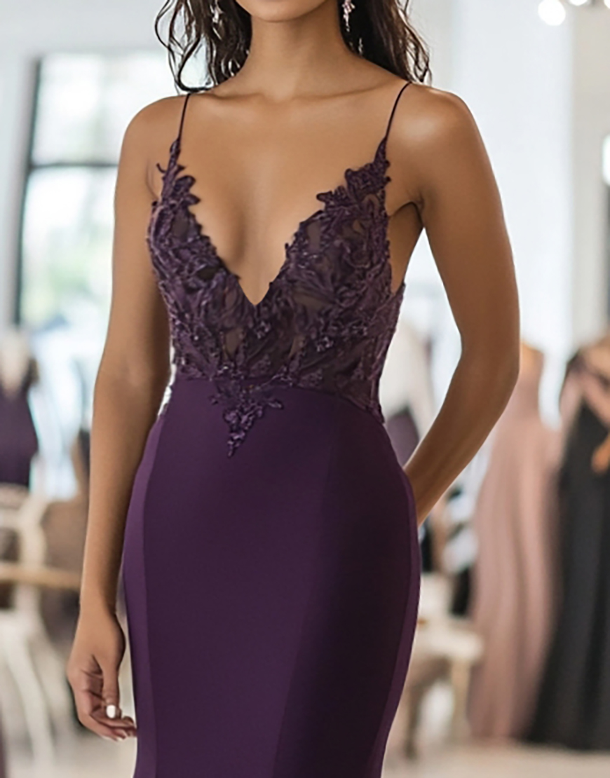 Graceful Dark Purple Sweetheart Straps Sheath V Neck Long Formal Dress With Appliques