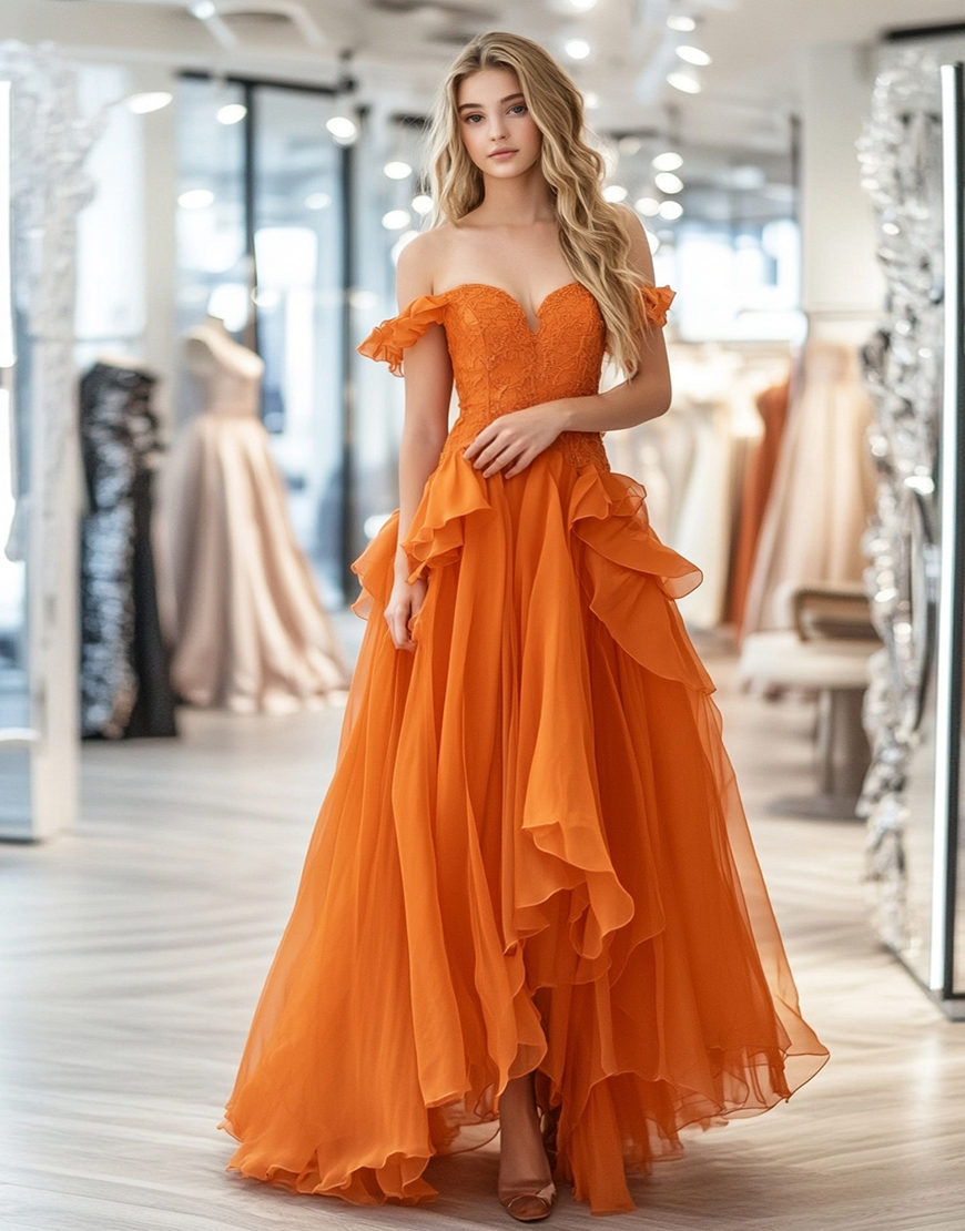 Orange A-Line Off the Shoulder Organza Ruffles Long Prom Dress with Lace Appliques