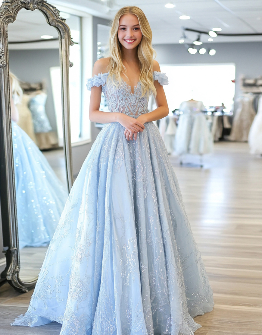 Princess Sky Blue A-Line Off the Shoulder Sequined Tulle Long Prom Dress