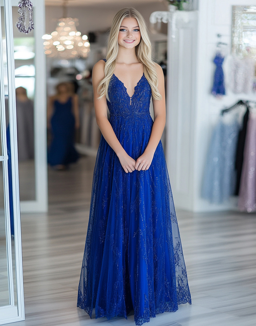 Sparkly Royal Blue A-Line Spaghetti Straps Tulle Long Prom Dress with Sequined