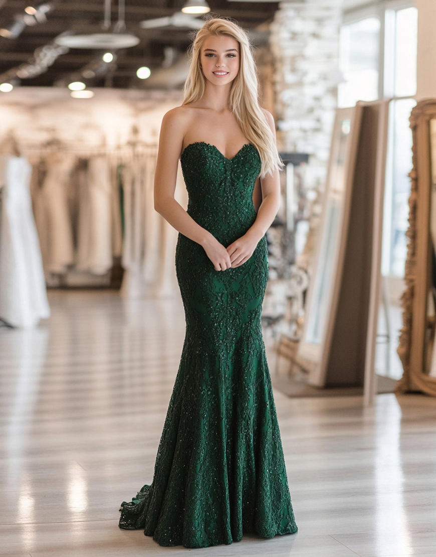 Sexy Dark Green Mermaid Strapless Long Prom Dress with Sequined Appliques