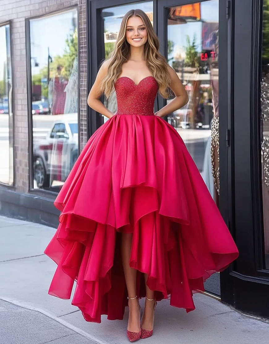 Sparkly Red A-Line Strapless Ruffles Tulle Long Prom Dress with Beaded