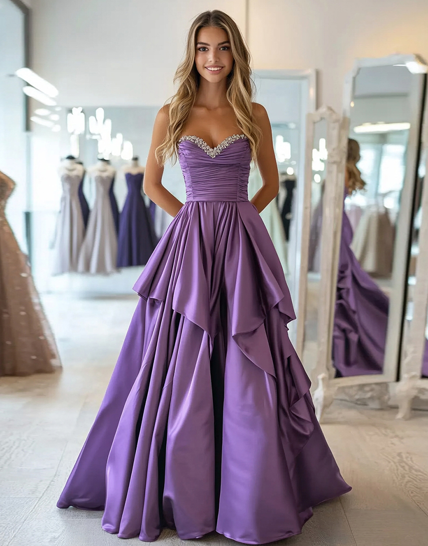 Glitter Plum A-Line Strapless Beaded Ruffles Satin Long Prom Dress