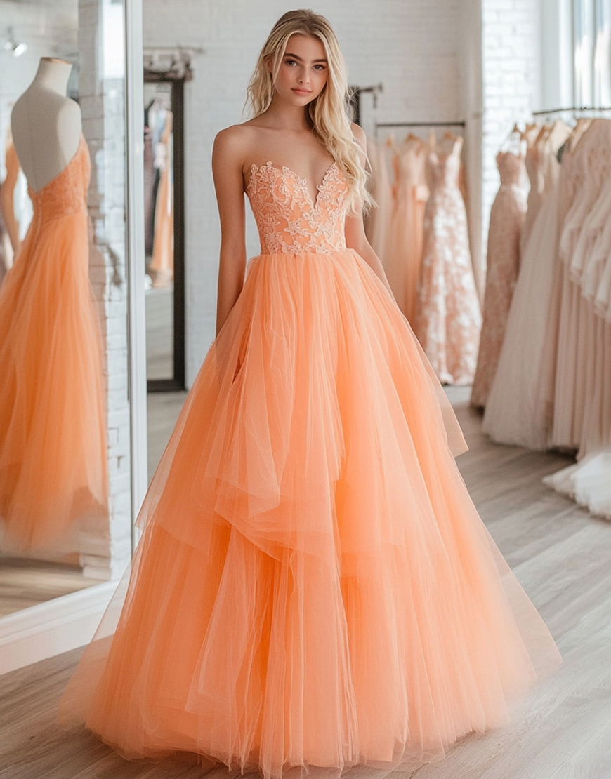 Princess Orange A-Line Strapless Tulle Ruffles Long Prom Dress with Appliques