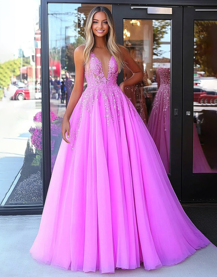 Princess Fuchsia A-Line Spaghetti Straps Tulle Long Prom Dress with Sequined Appliques