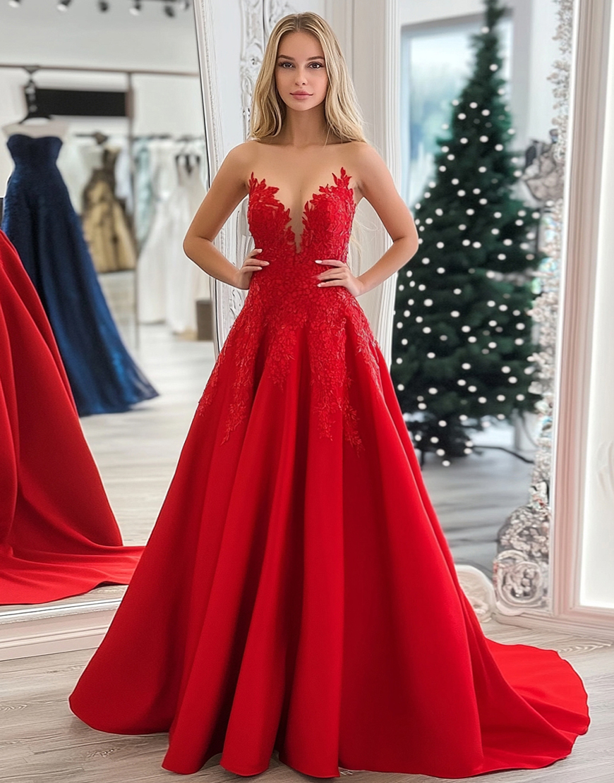Sparkly Red A-Line Strapless Long Prom Dress with Sequined Appliques