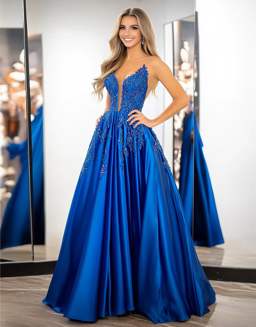 Sparkly Royal Blue A-Line Strapless Satin Long Prom Dress with Sequined Appliques