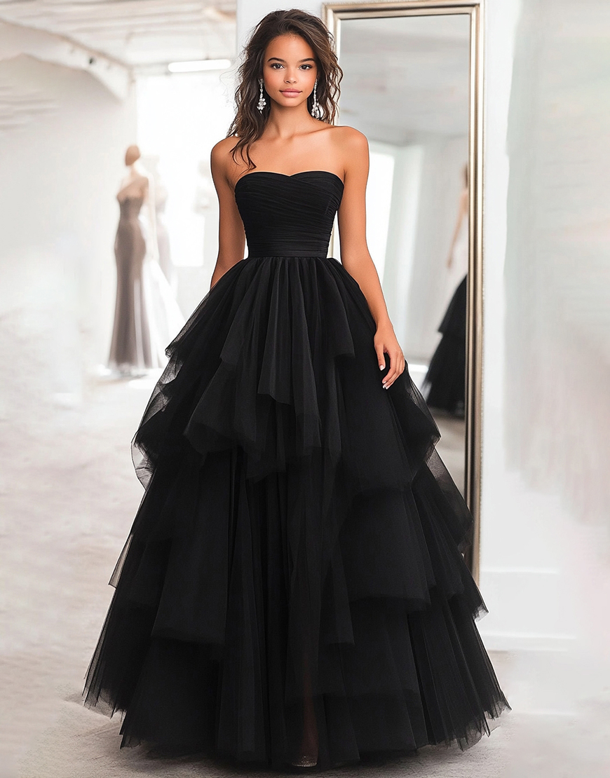 Black A-Line Strapless Ruffles Tulle Long Prom Dress