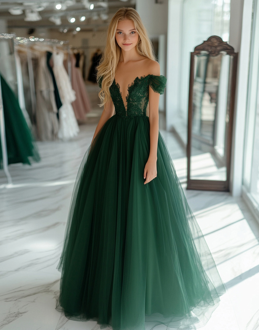 Princess Dark Green Ball Gown Off the Shoulder Tulle Long Prom Dress with Laced Appliques