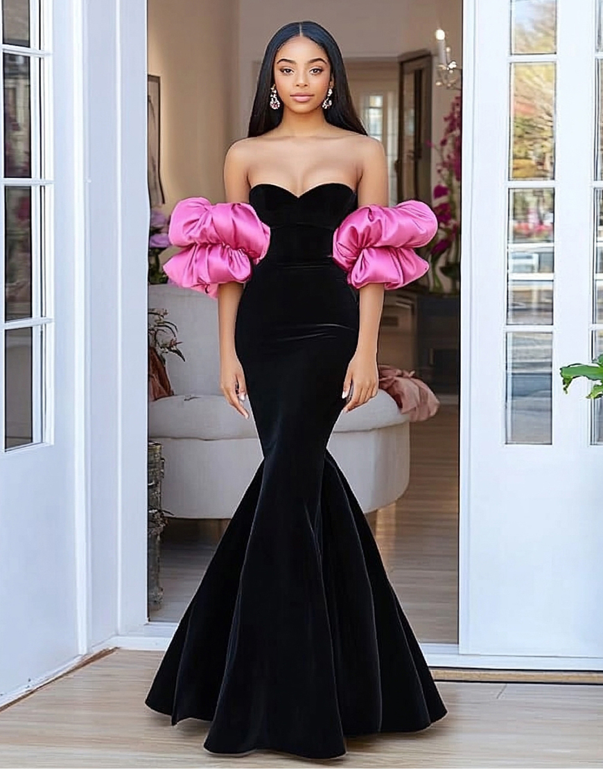 Sexy Black&Pink Mermaid Strapless Off the Shoulder Puff Sleeves Long Prom Dress