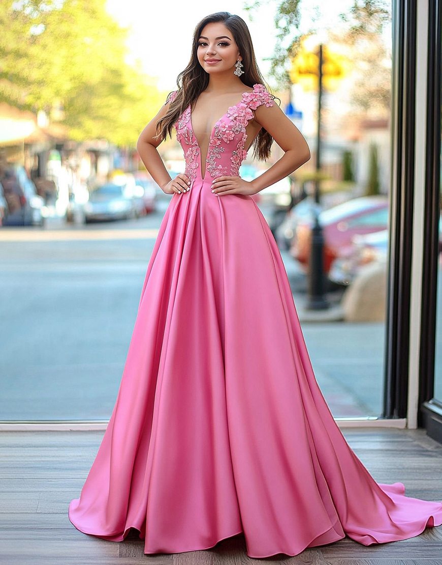 Glitter Pink A-Line V-Neck Satin Long Prom Dress with Sequined Appliques