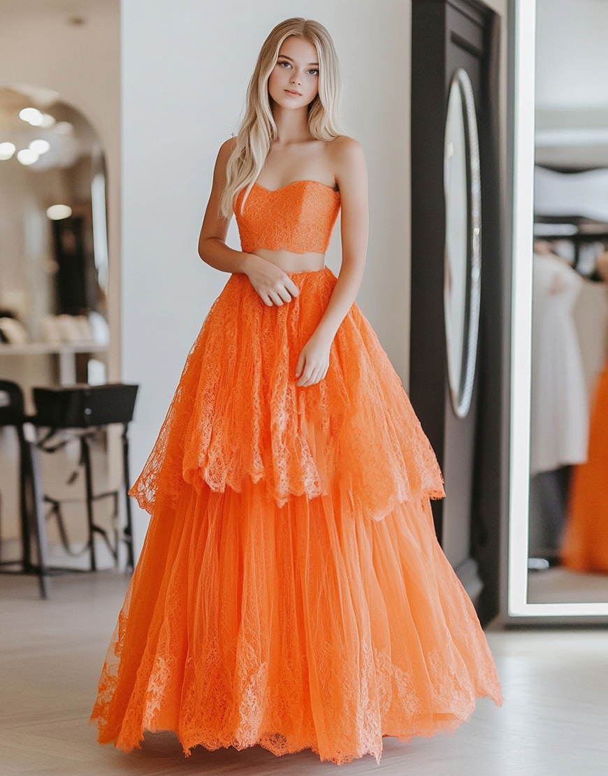Princess Orange A-Line 2 Pieces Strapless Long Prom Dress with Lace Ruffles