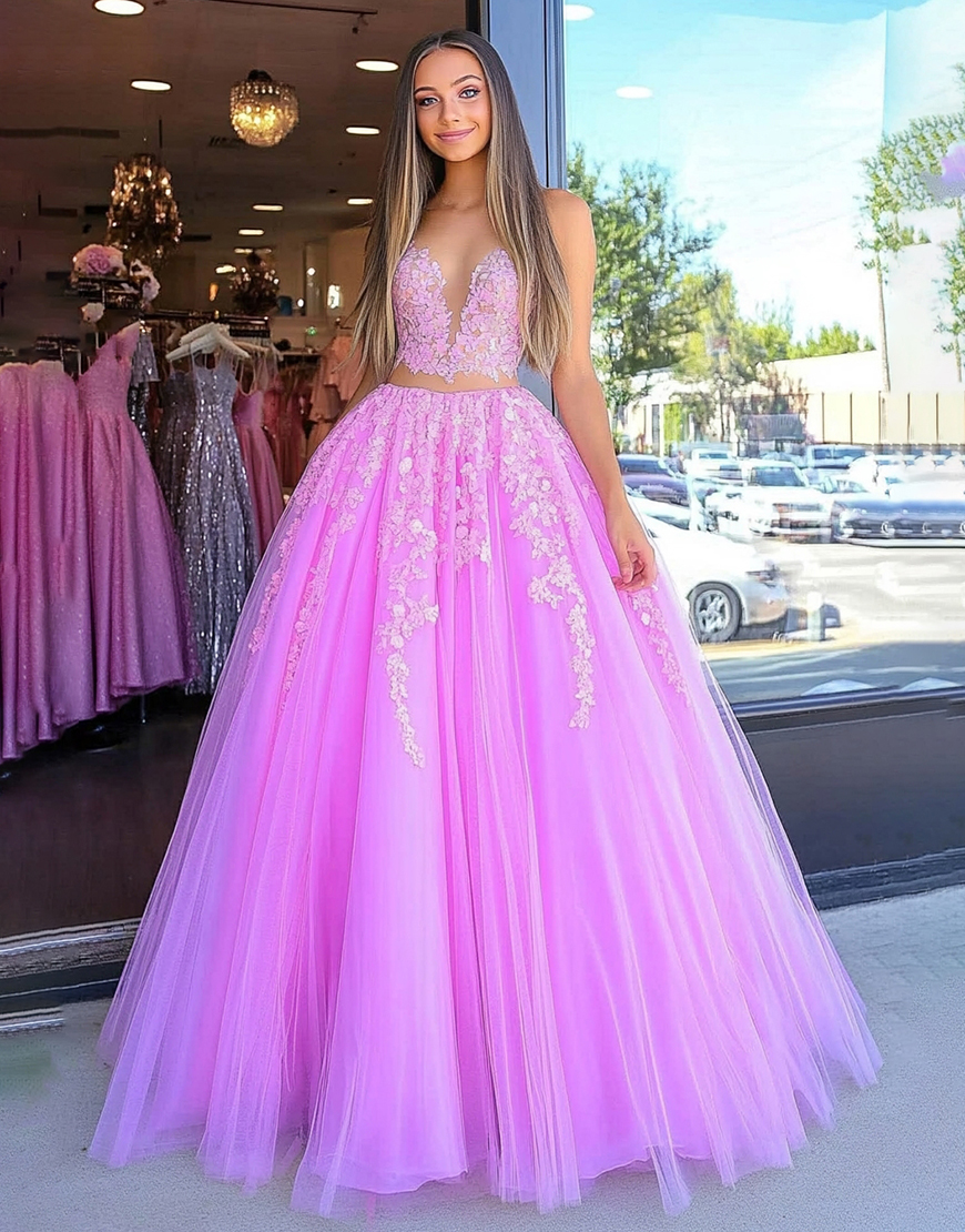 Princess Fuchsia 2 Pieces Sweetheart Tulle Long Prom Dress with Appliques