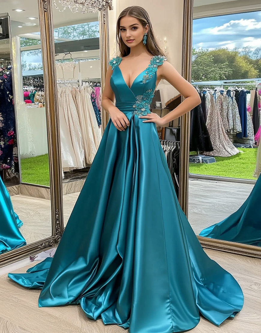 Glitter Peacock A-Line V-Neck Wrap Satin Long Prom Dress with Floral Appliques
