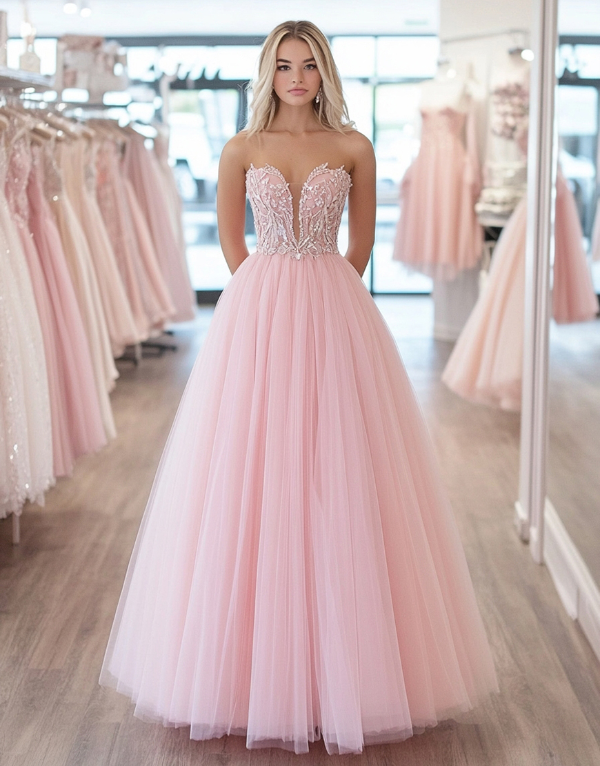 Princess Pink A-Line Strapless Tulle Ball Gown with Sequined Appliques