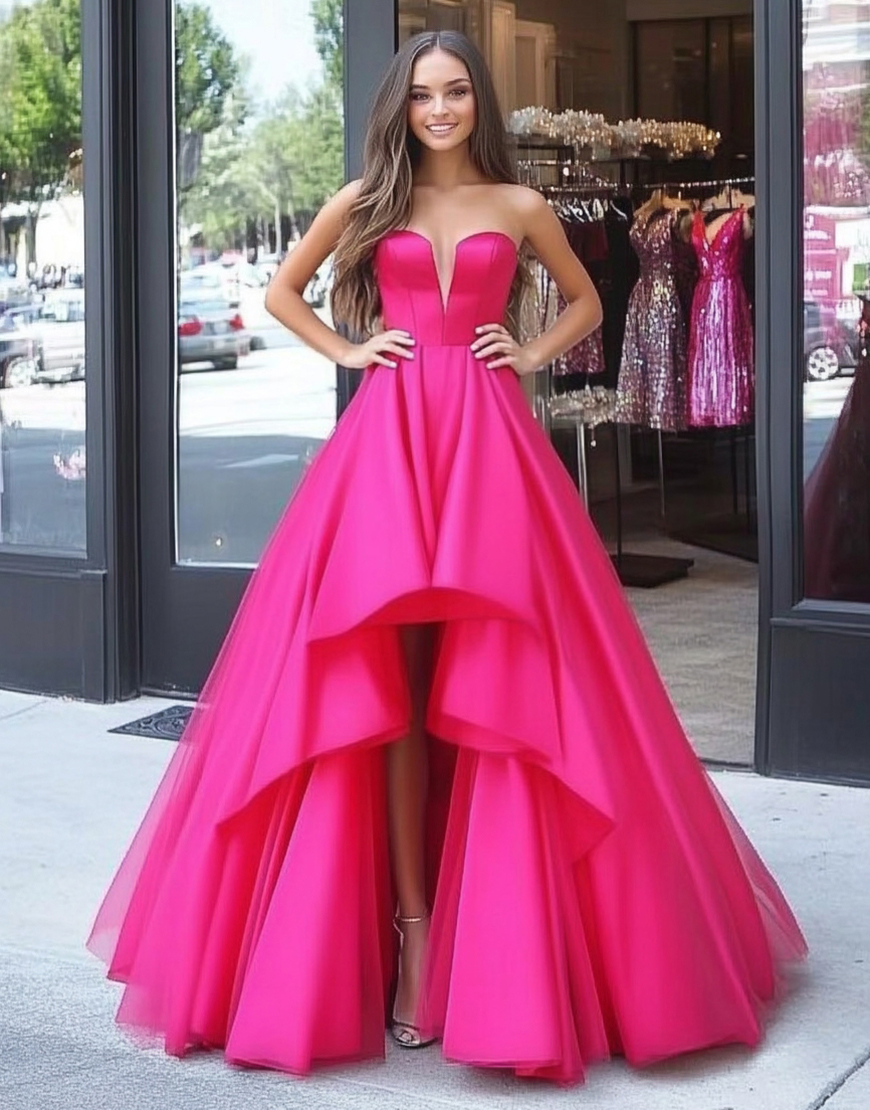 Princess Fuchsia A-Line Hi-Low Strapless Ruffle Tulle Ball Gown