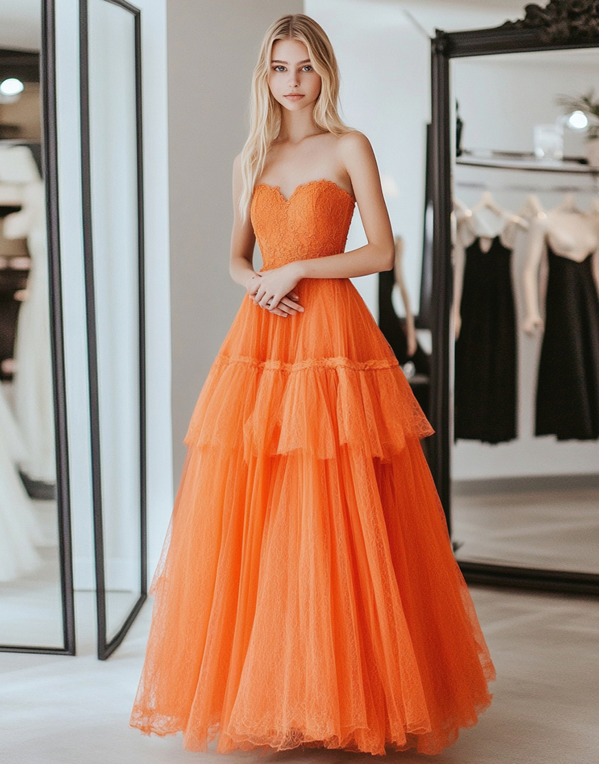 Princess Orange A-Line Strapless Ruffles Tulle Long Prom Dress with Lace Appliques