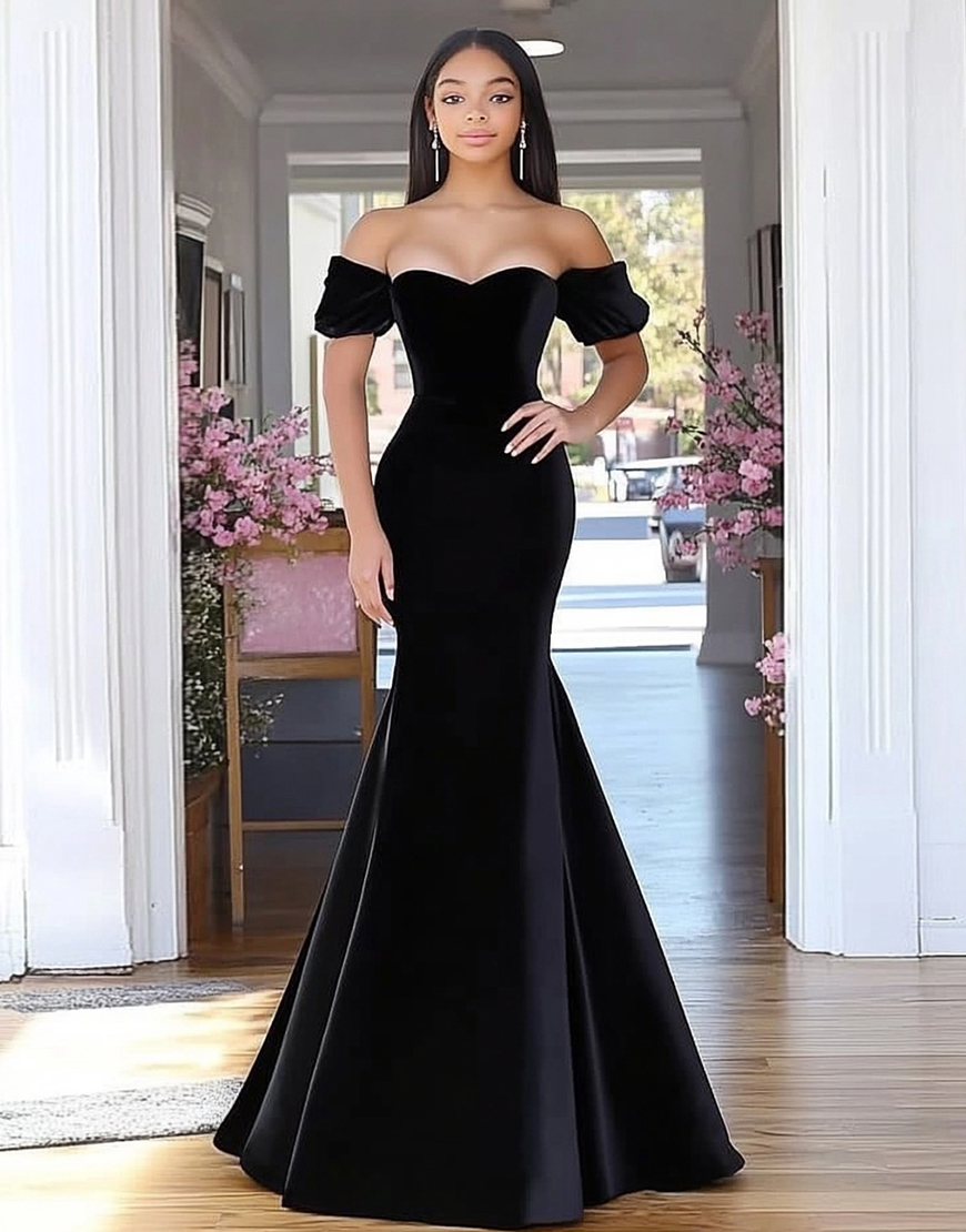 Sexy Black Mermaid Off the Shoulder Velvet Long Prom Dress