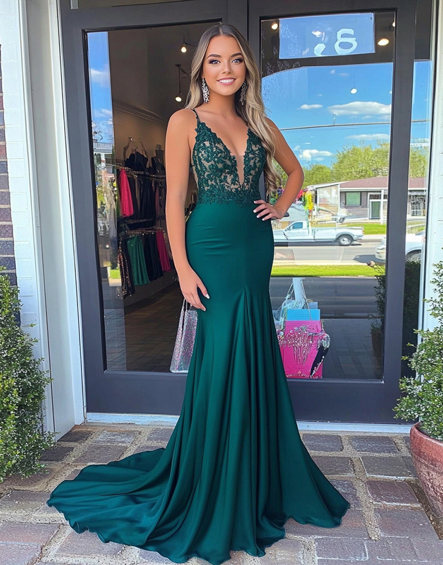 Sexy Dark Green Mermaid Spaghetti Straps Satin Long Prom Dress with Appliques
