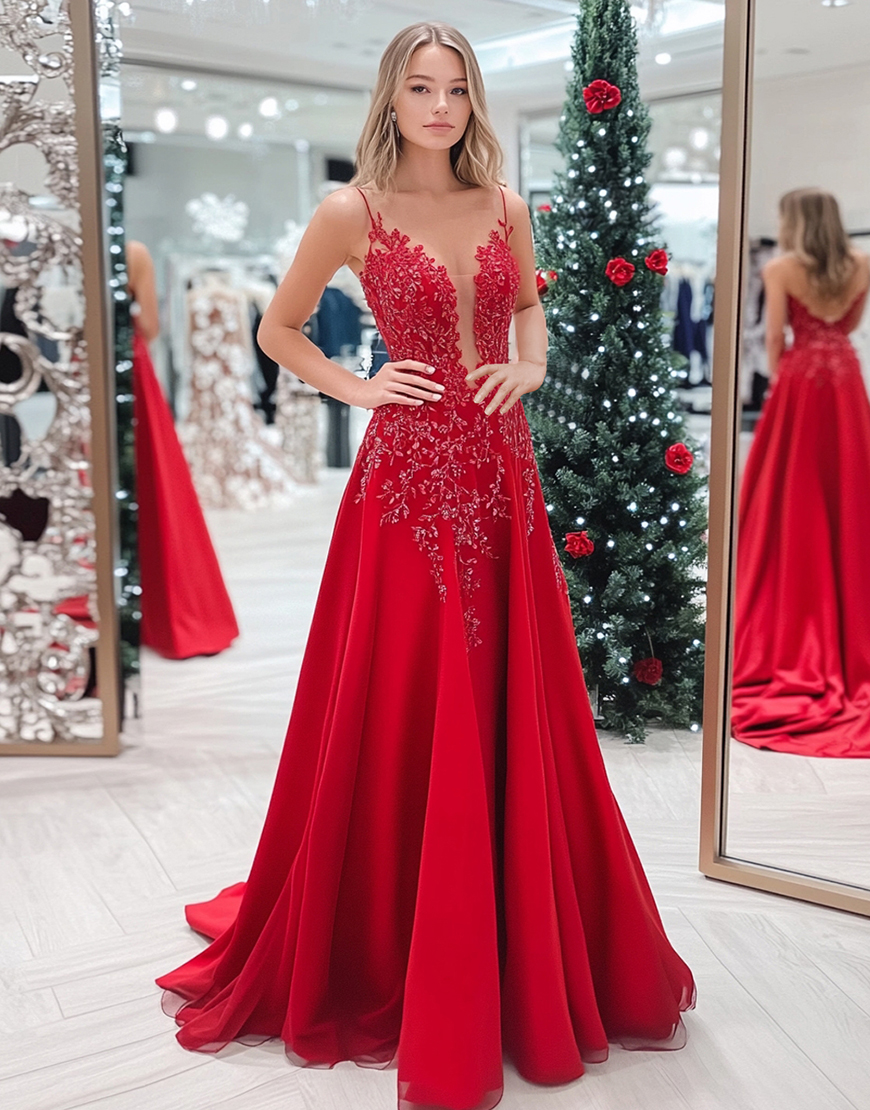 Glitter Red A-Line Spaghetti Straps Satin Long Prom Dress with Sequined Appliques