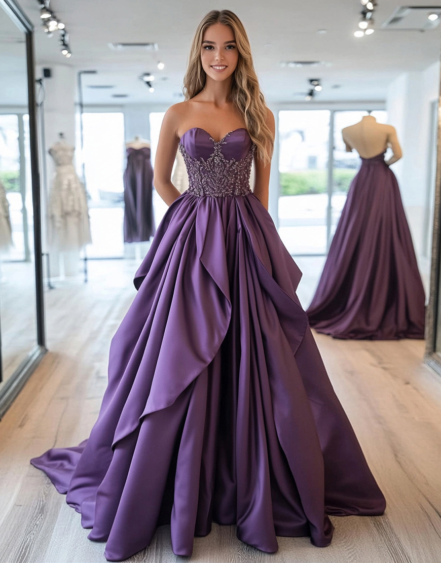 Glitter Plum A-Line Strapless Ruffles Satin Long Prom Dress with Sequined Appliques