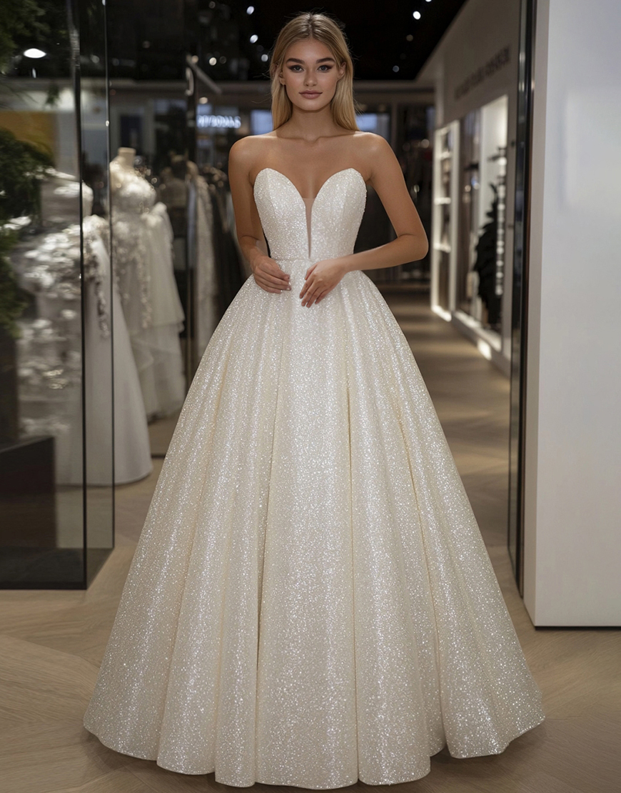 Sparkly Ivory A-Line Strapless Sequins Ball Gown