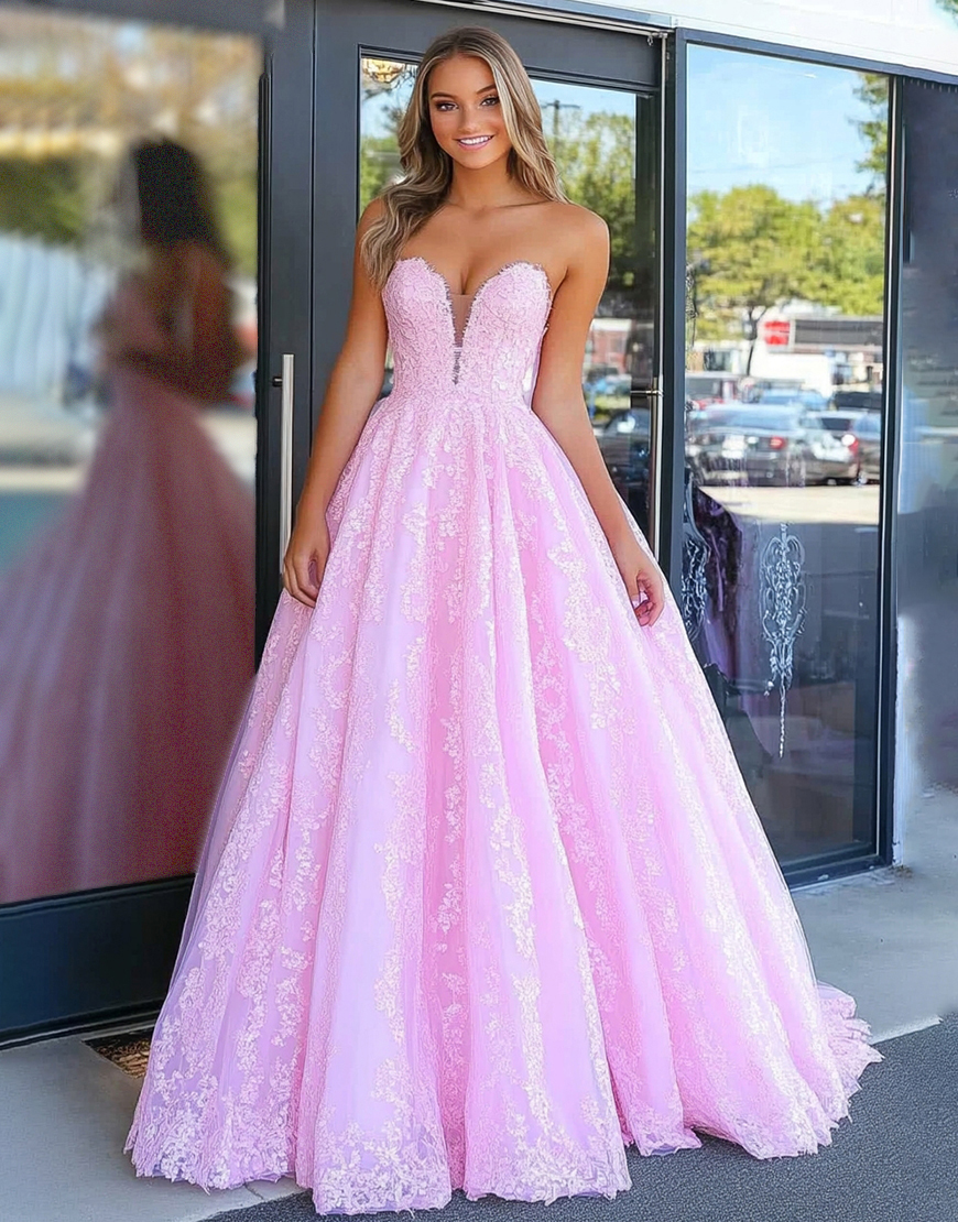 Princess Pink A-Line Strapless Tulle Ball Gown with Lace Appliques