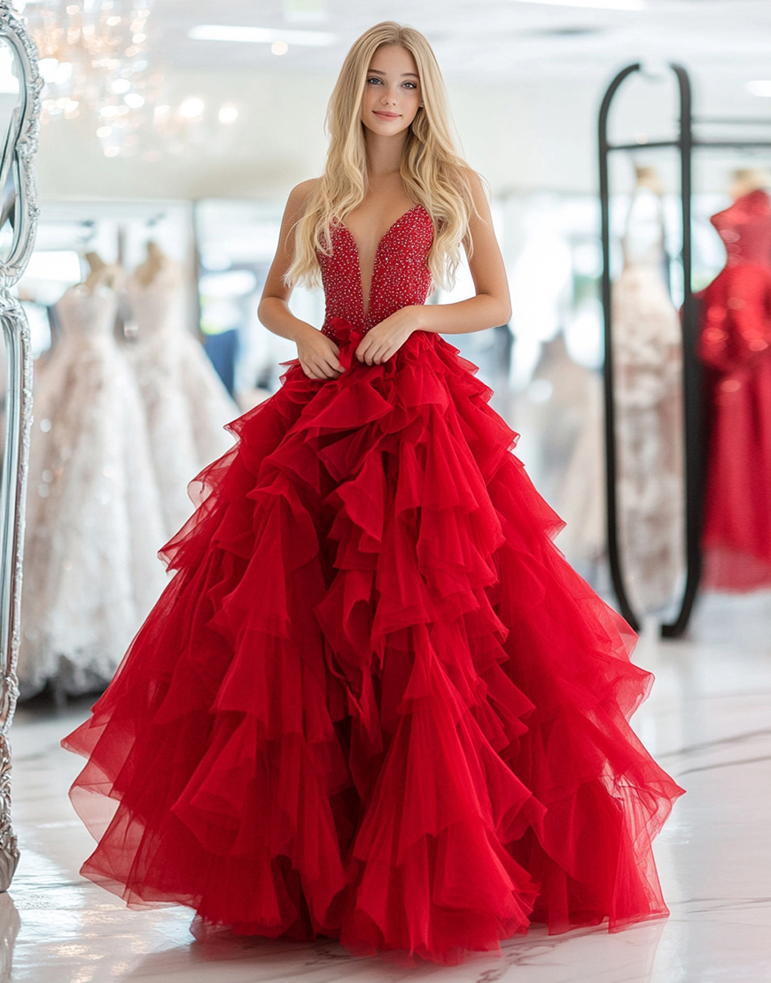 Sparkly Red Ball Gown V-Neck Beaded Ruffles Tulle Quinceanera Dress