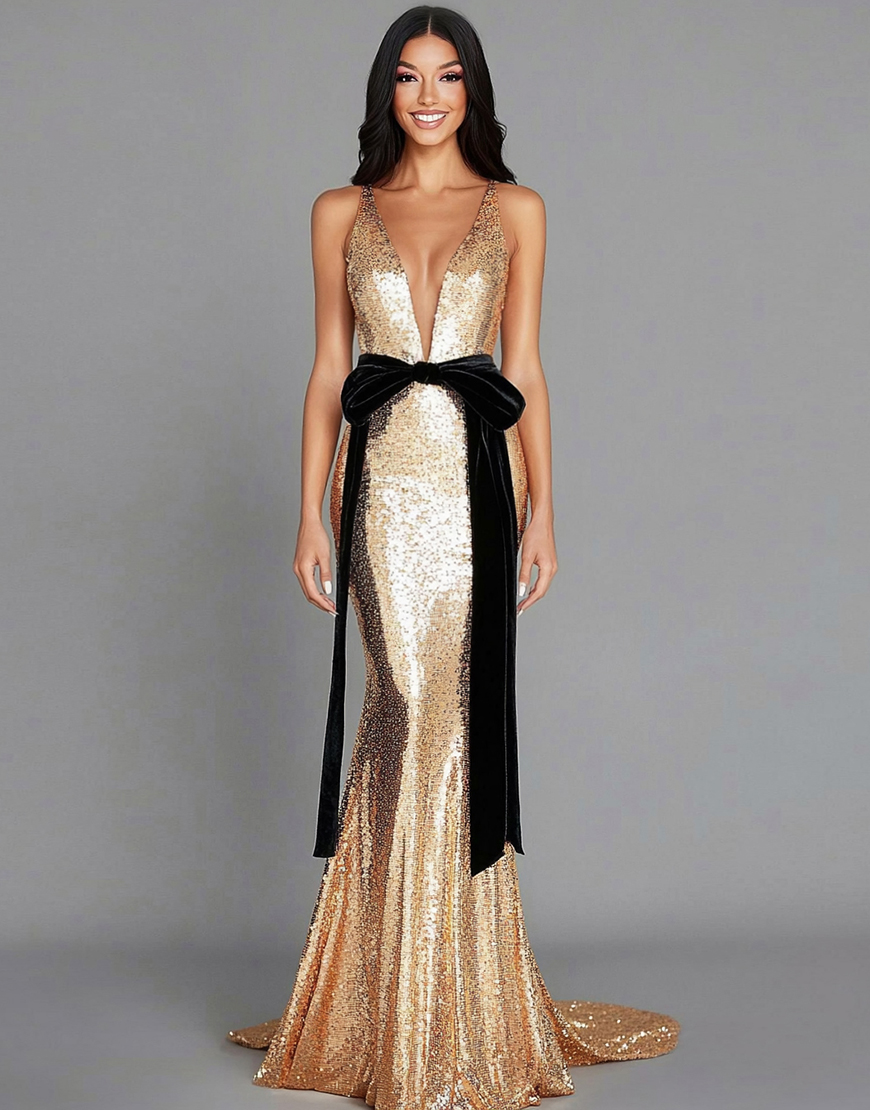 Sparkly Gold Mermaid Deep V Neck Sequins Long Gala Dress with Bow