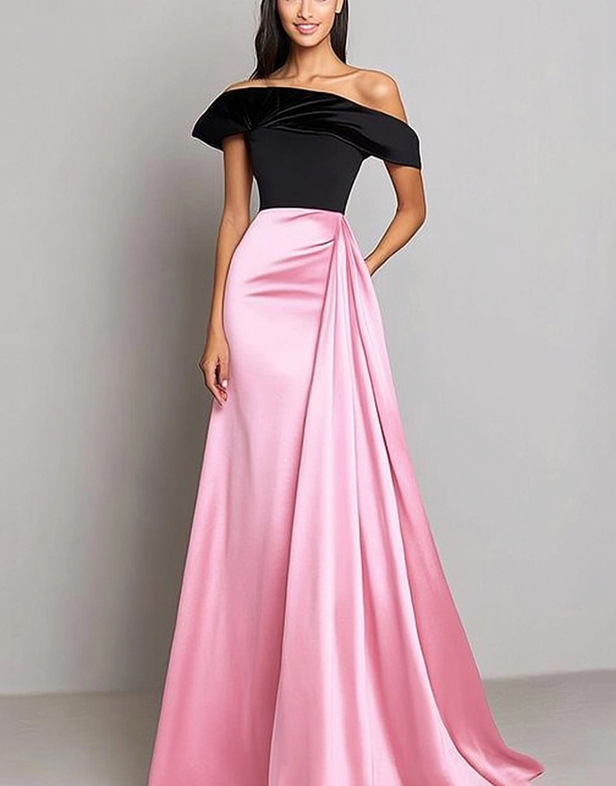 Black Pink Sheath Satin Off the Shoulder Satin Long Gala Dress