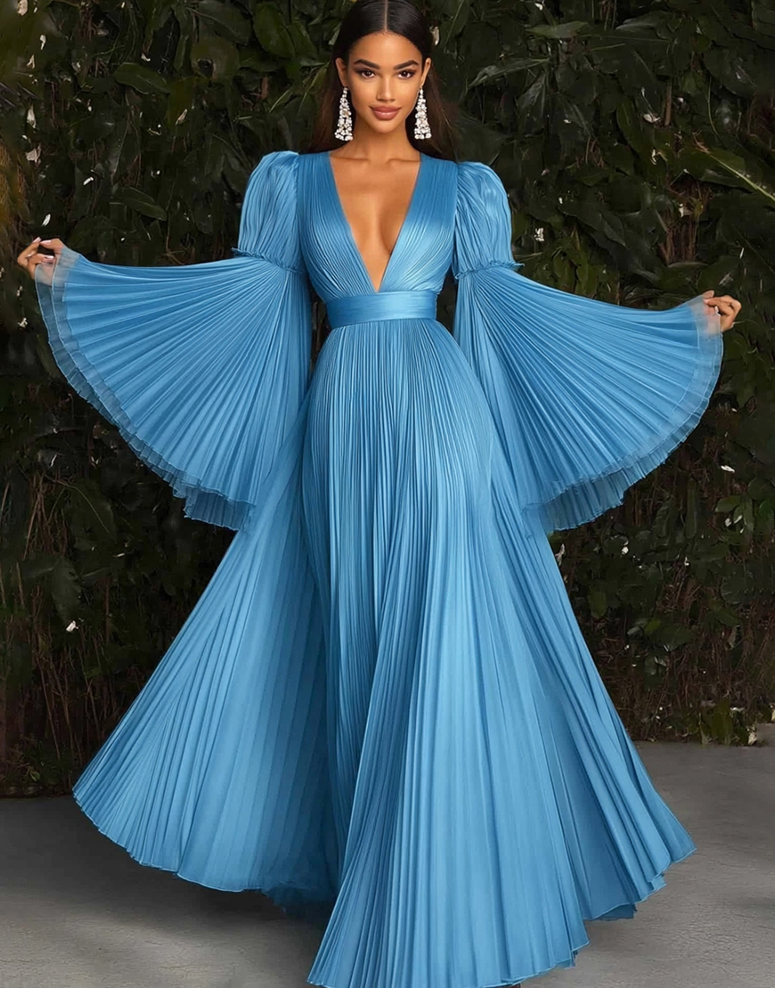 Blue A Line Flutter Sleeves V-Neck Pleating Long Gala Dress