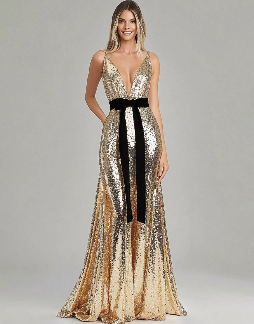 Sparkly Gold Mermaid Deep V-Neck Sequins Long Gala Dress with Belt