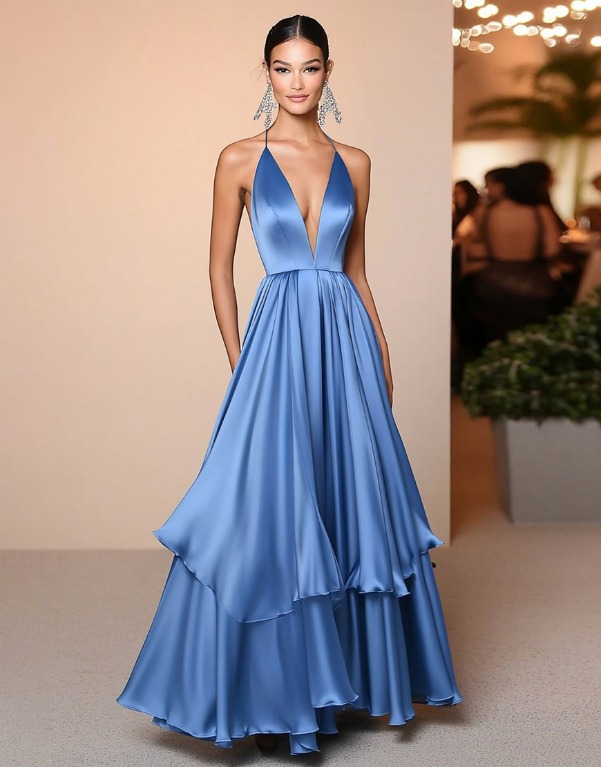 Blue A Line Satin Halter Ruffles Long Gala Dress