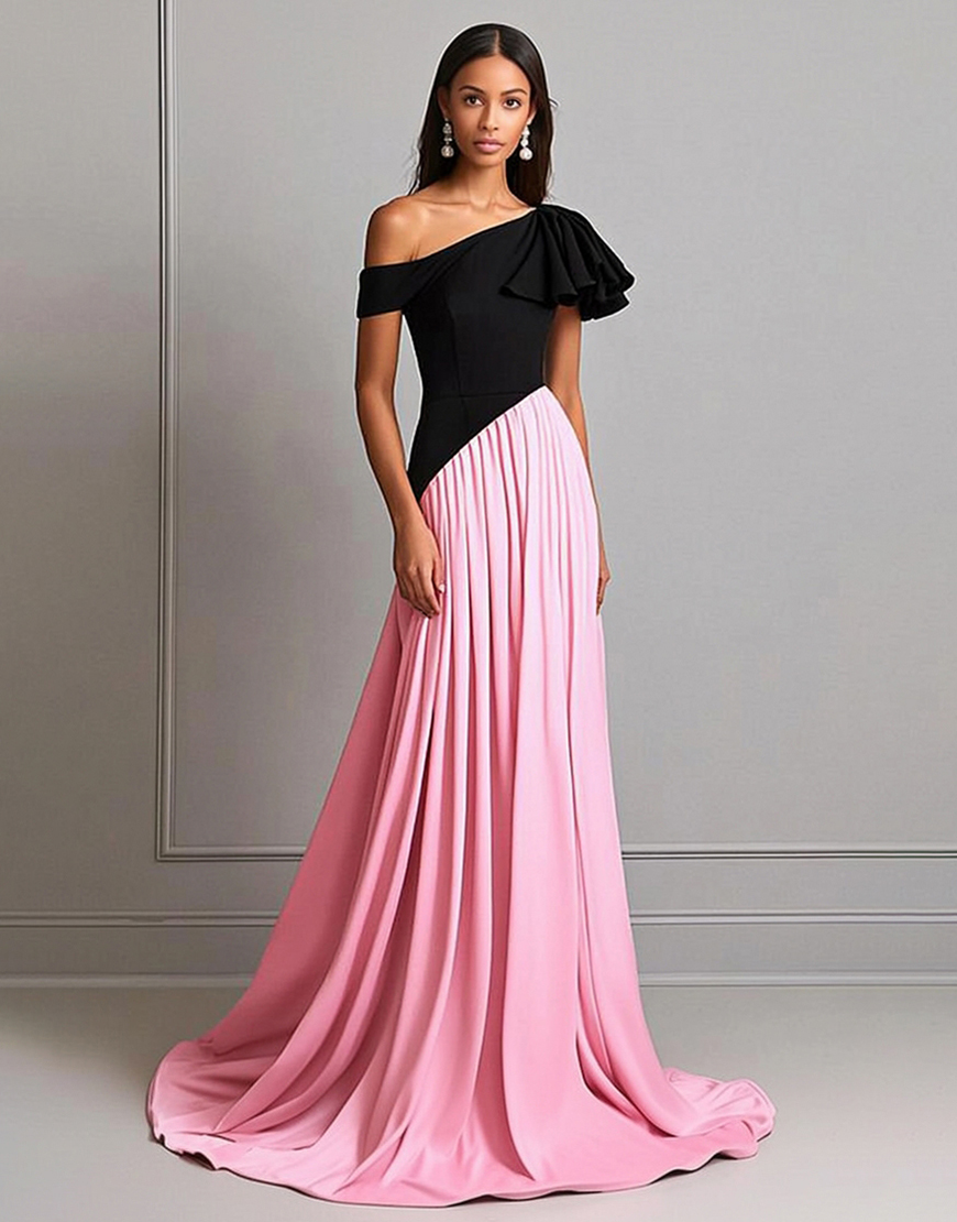 Black Pink One Shoulder A Line Long Gala Dress with Pleating