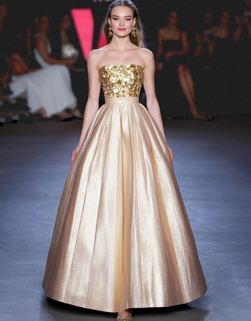 Sparkly Gold A-Line Strapless Long Gala Dress with Sequins