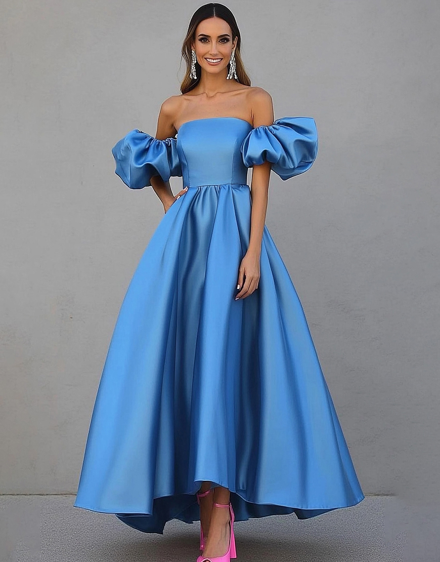 Blue A Line Off the Shoulder Satin Long Gala Dress with Puff Sleeves