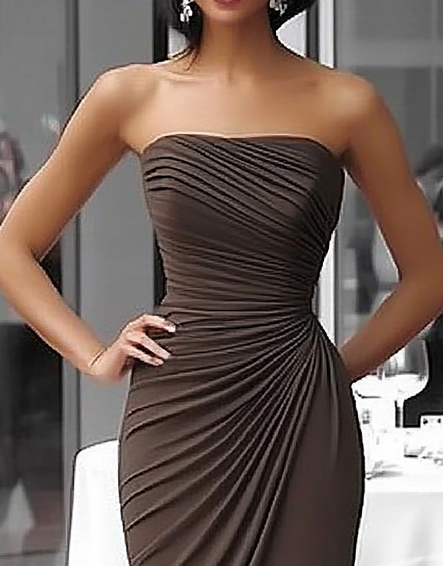 Coffee Mermaid Strapless Ruched Satin Long Gala Dress