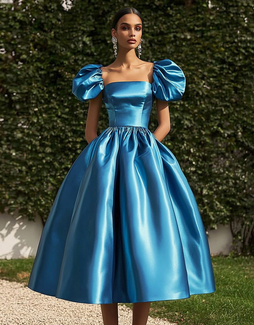 Puff Blue A-Line Square Neck Puff Sleeves Satin Long Gala Dress