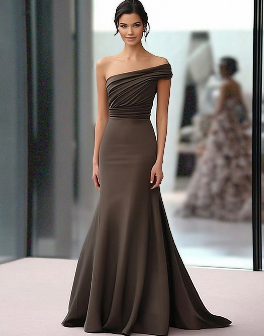 Coffee Mermaid One Shoulder Ruched Satin Long Gala Dress