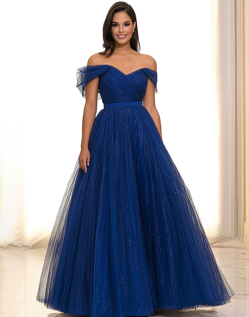 Sparkly Royal Blue Off the Shoulder Ball Gown Tulle Long Gala Dress