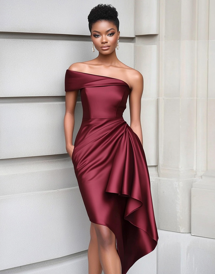 Burgundy Bodycon One Shoulder Satin Ruched Short Gala Dress
