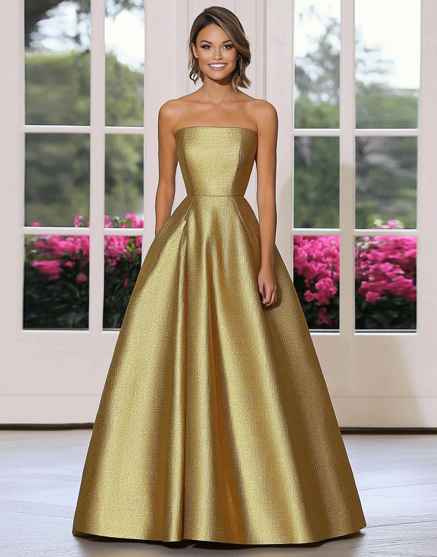 Gold Metallic Satin Strapless A Line Long Gala Dress