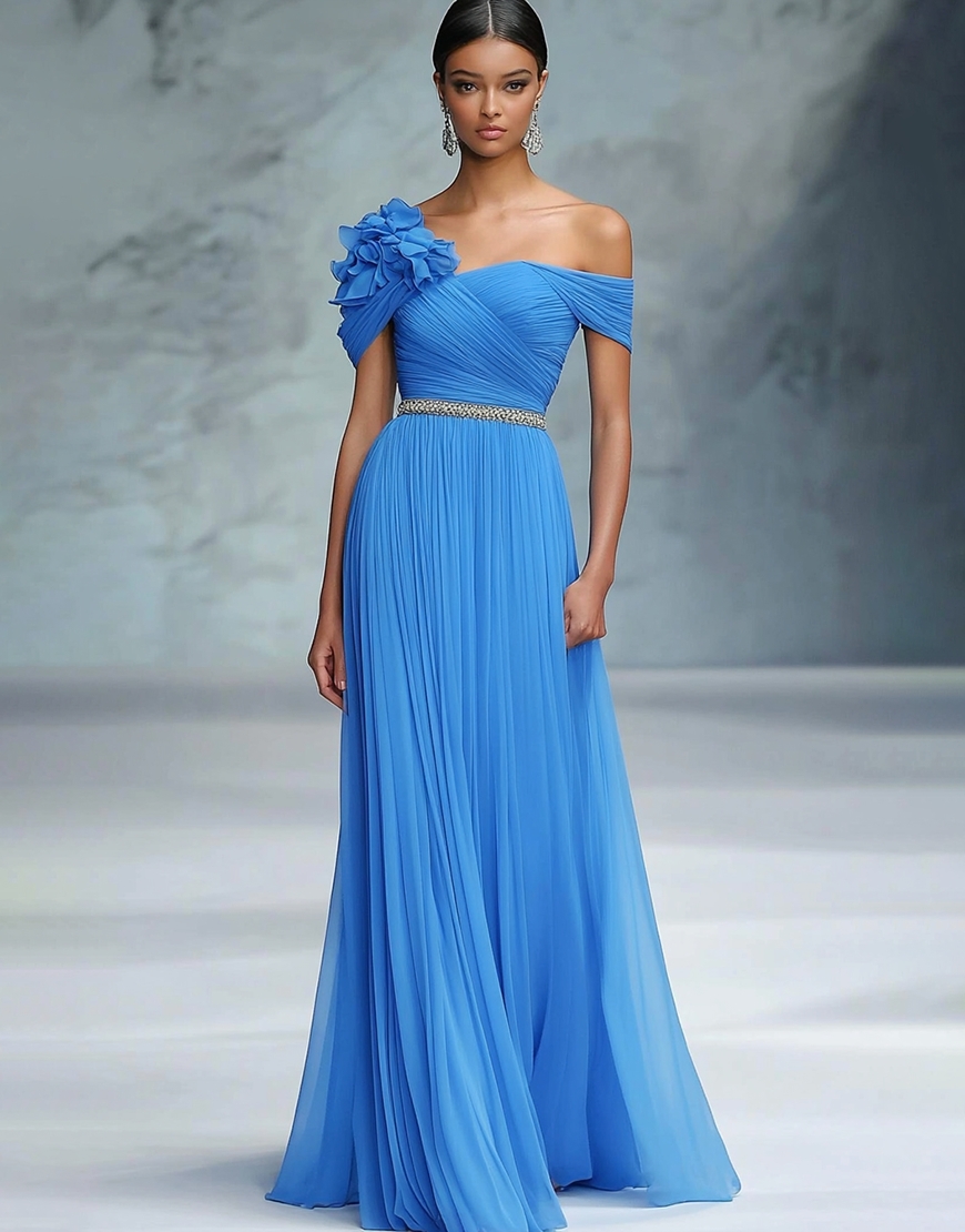 Blue A-Line Off the Shoulder Ruched Tulle Long Gala Dress with Ruffles