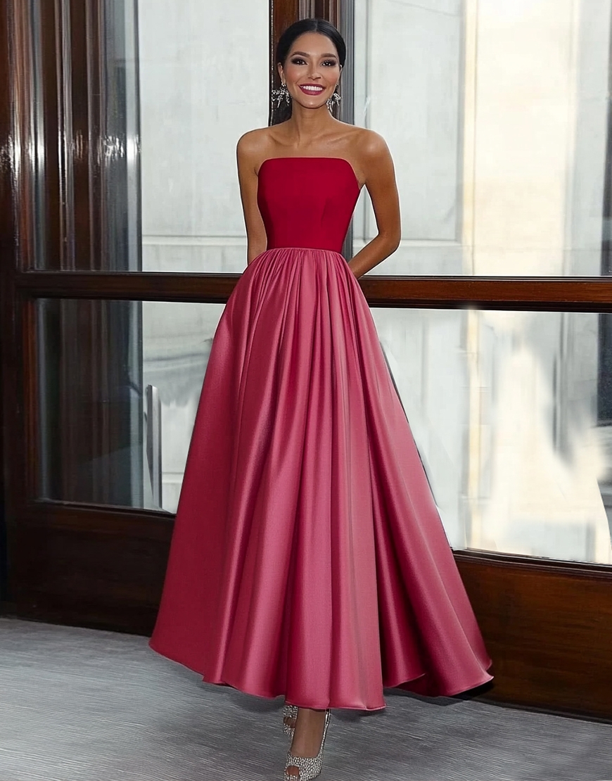 Red Pink A-Line Strapless Satin Pleated Long Gala Dress