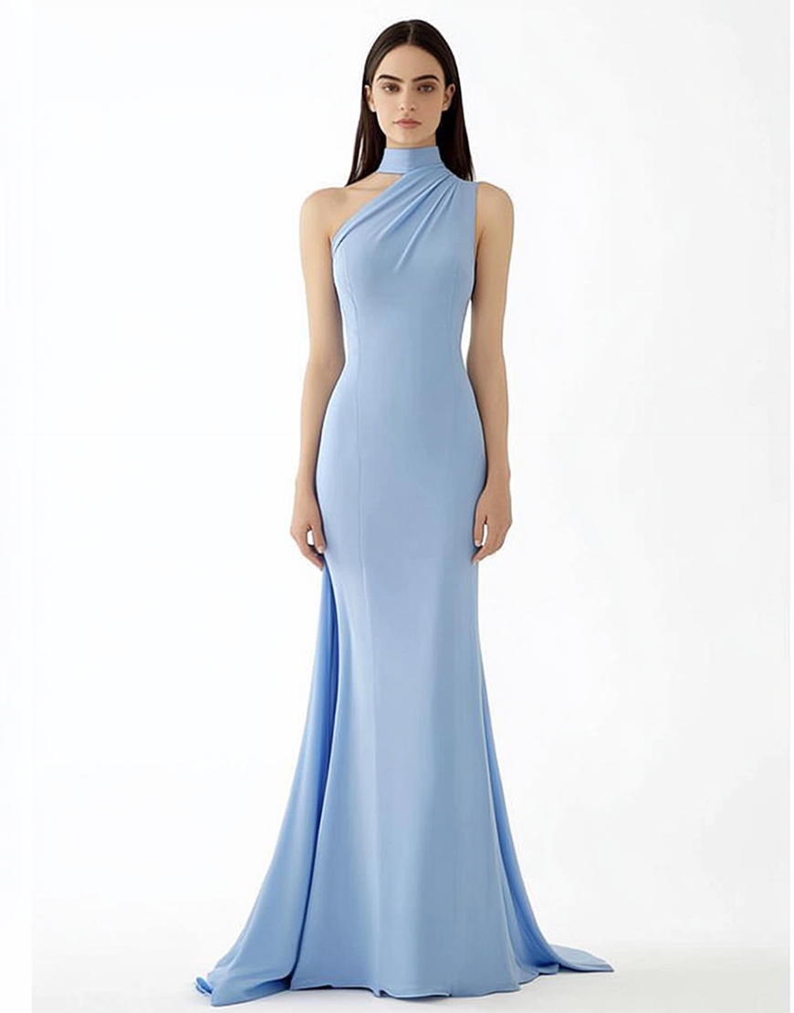 Light Blue Mermaid Halter Satin Long Gala Dress