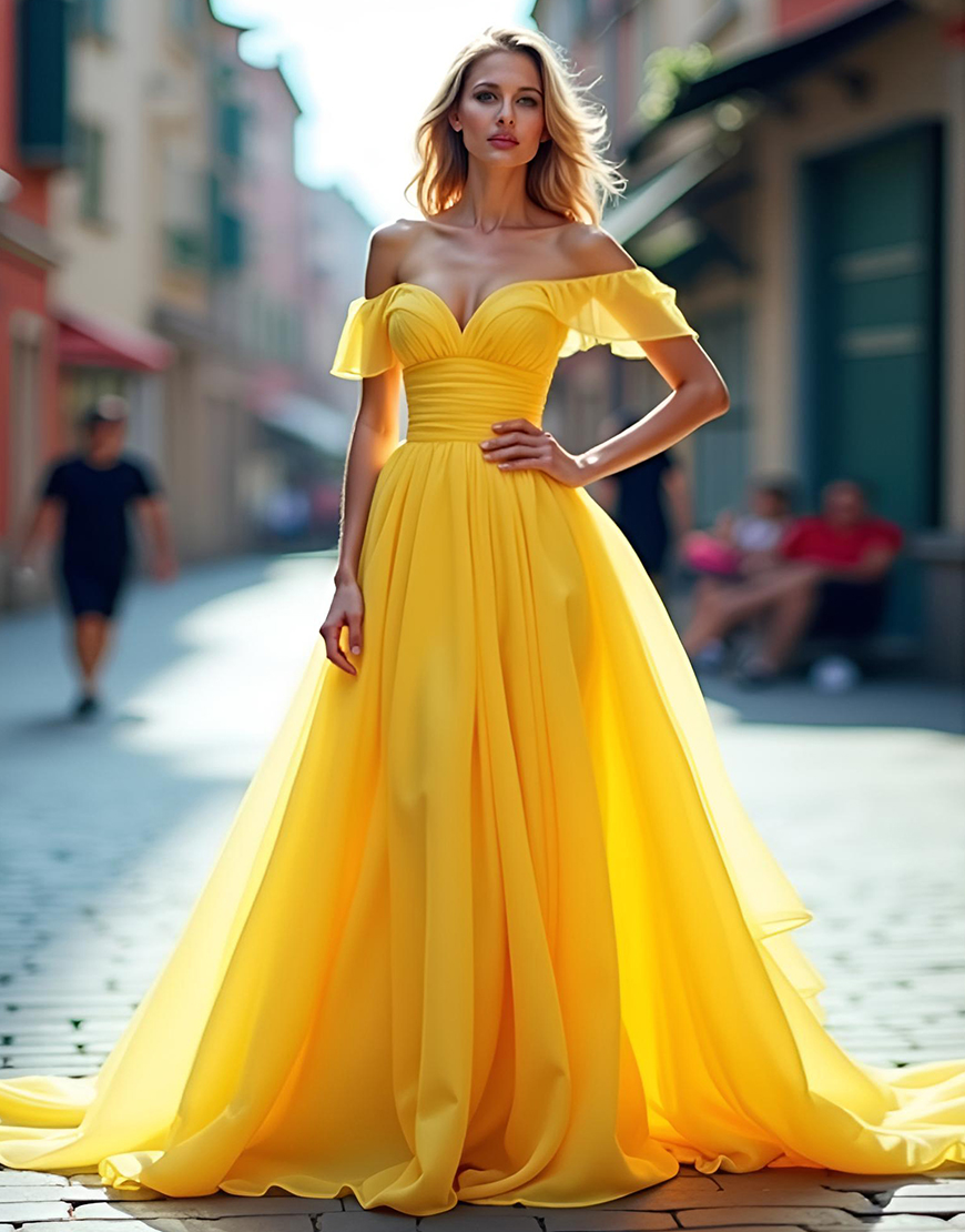 Yellow A Line Tulle Off the Shoulder Long Prom Dress